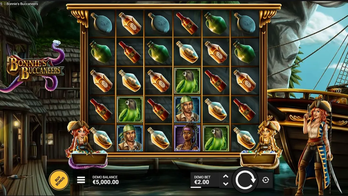 Tampilan visual slot Bonnie’s Buccaneers dengan tema bajak laut dan harta karun
