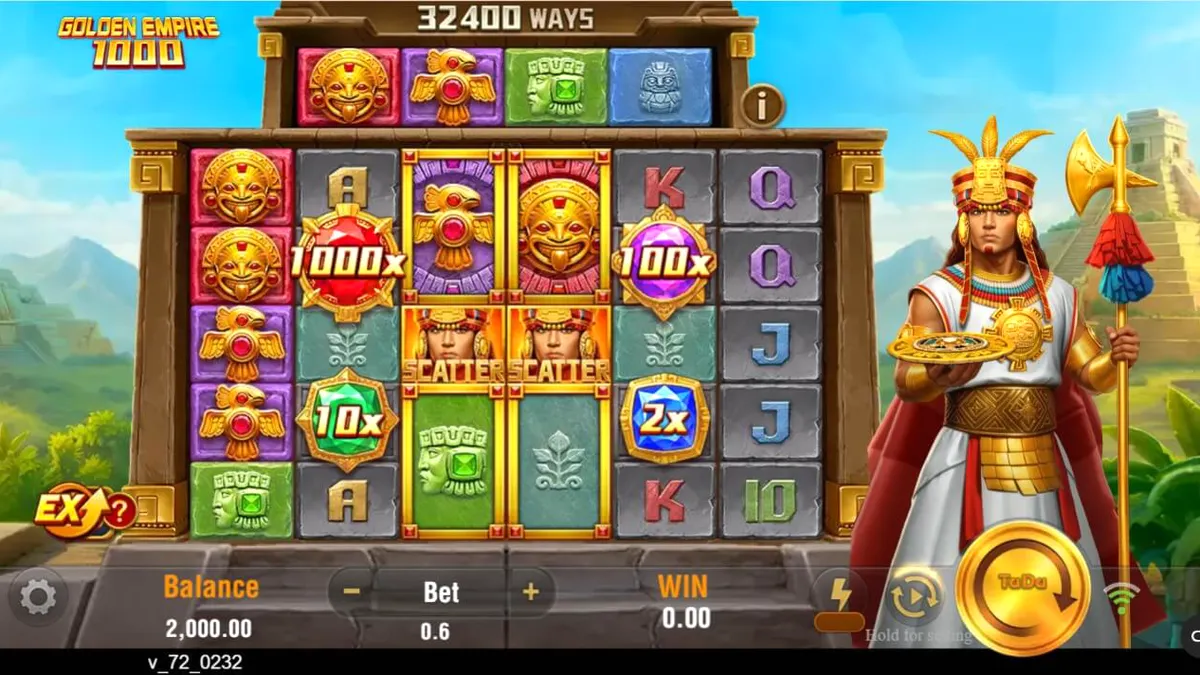 Tampilan visual slot Golden Empire 1000 dengan tema kuil kuno dan simbol emas